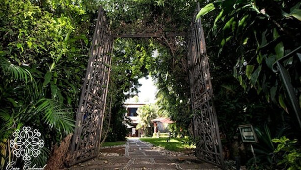 A pathway leading through a wrought iron gate surrounded by lush greenery.