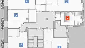 Plano de planta con 6 habitaciones numeradas, incluyendo una zona central con escalera.