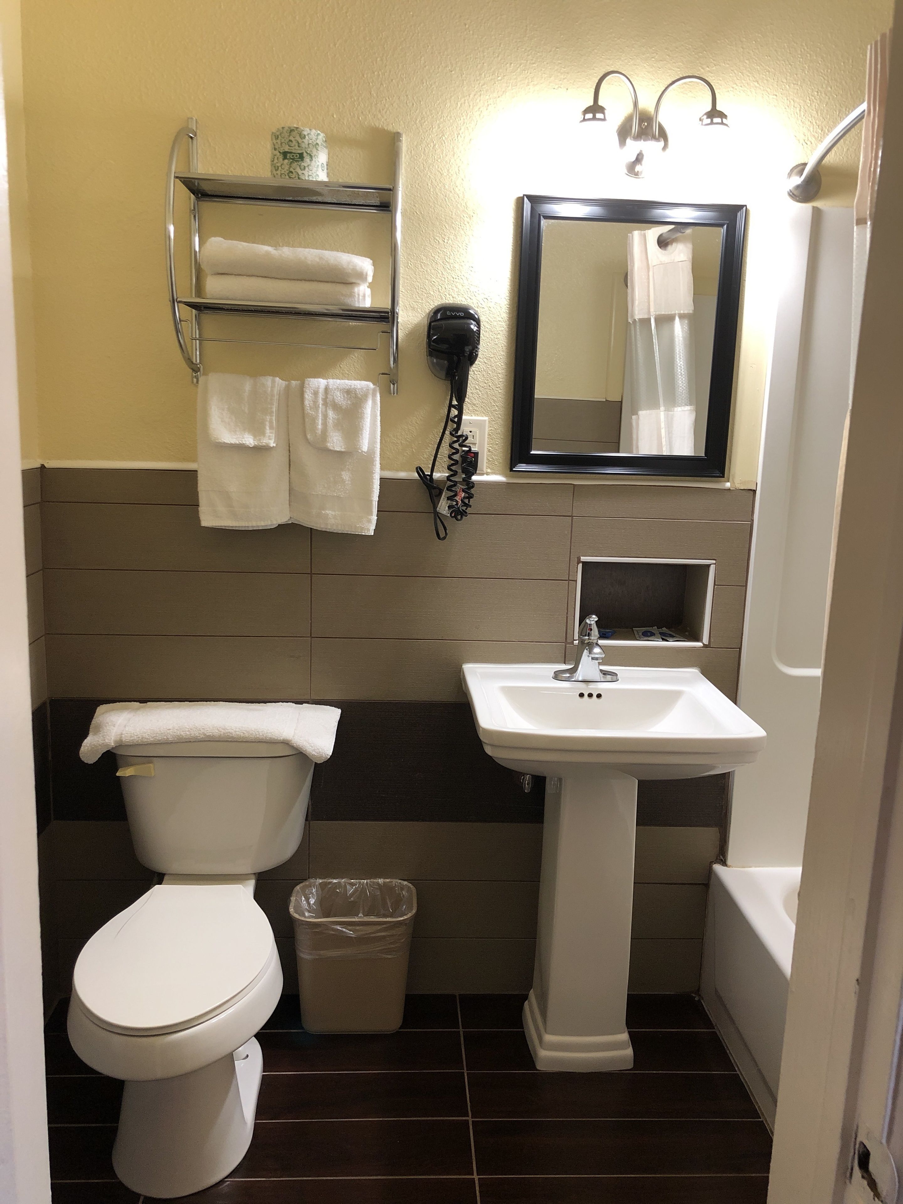 room, 2 queen beds | bathroom | hair dryer, towels