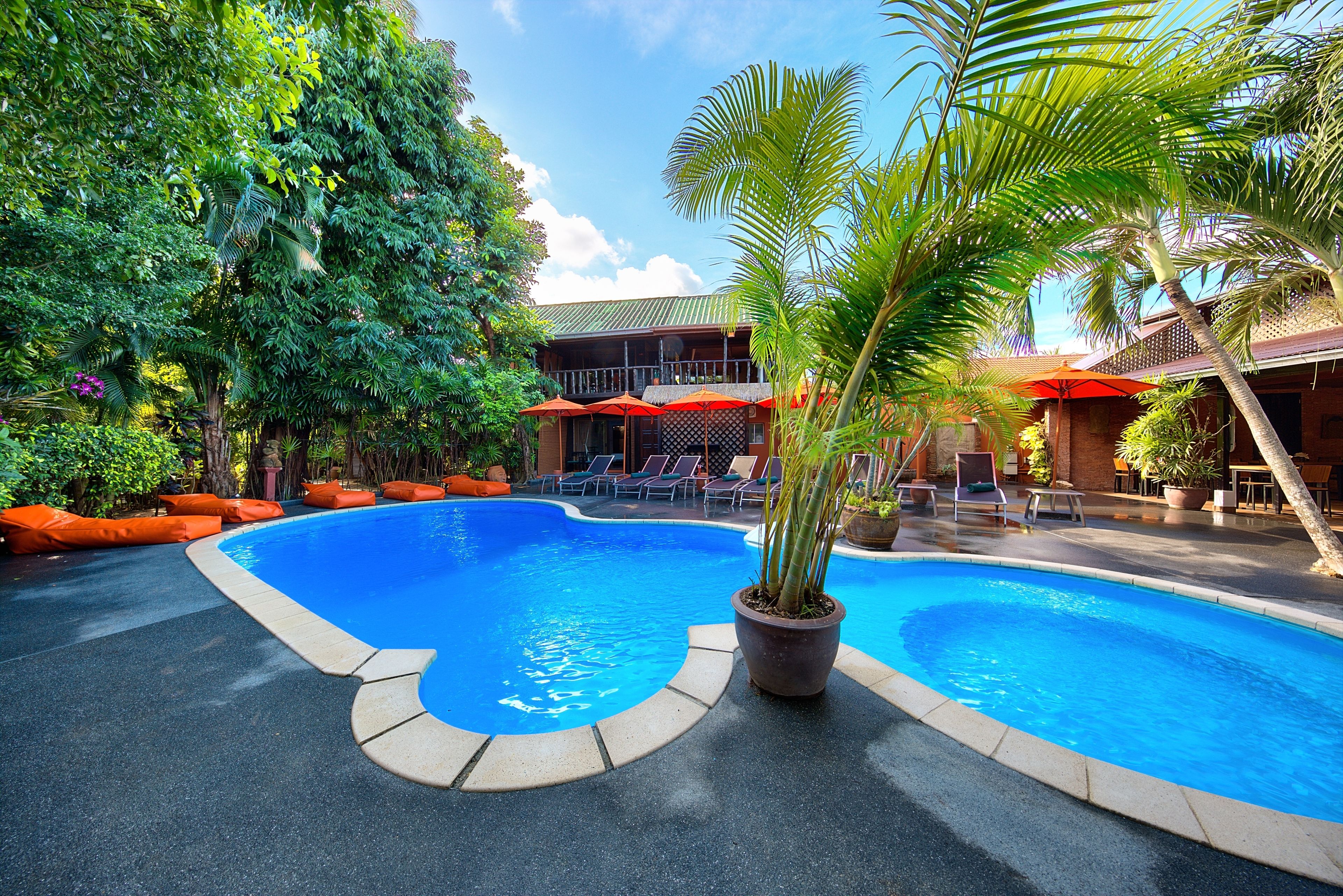 outdoor pool, pool umbrellas, pool loungers