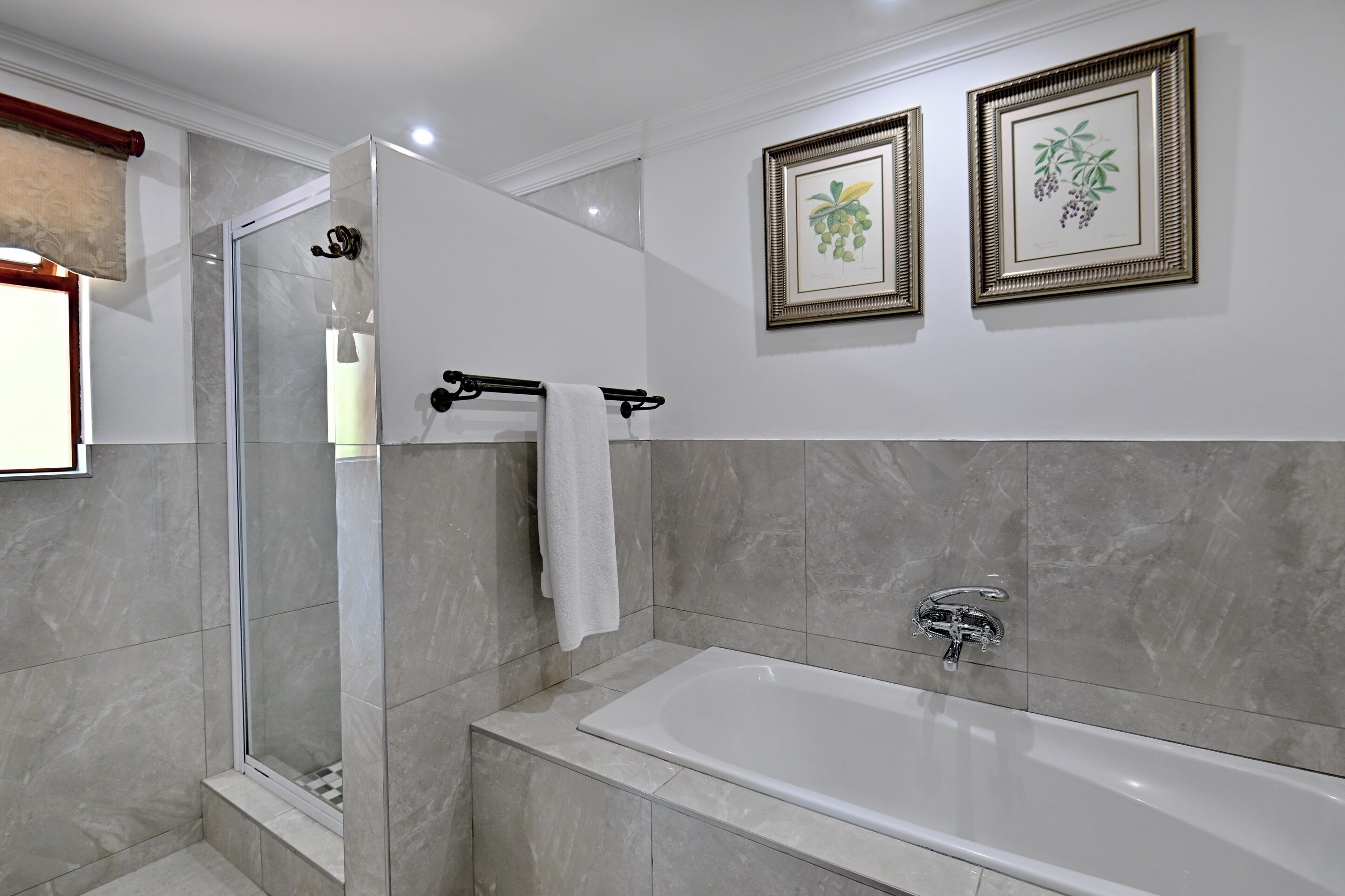 Une salle de bain moderne avec une douche à parois de verre, une baignoire blanche et deux reproductions botaniques encadrées accrochées au mur.