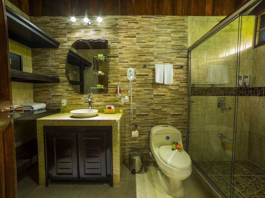 A bathroom with a stone backsplash, a sink, a toilet, and a glass-enclosed shower.