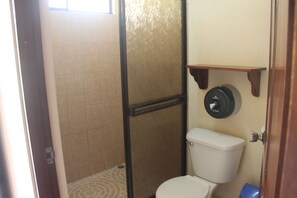 A bathroom with a toilet, a shower enclosure, and a small shelf with a toilet paper holder. - Hotel Sueños del Volcan (Peñas Blancas)