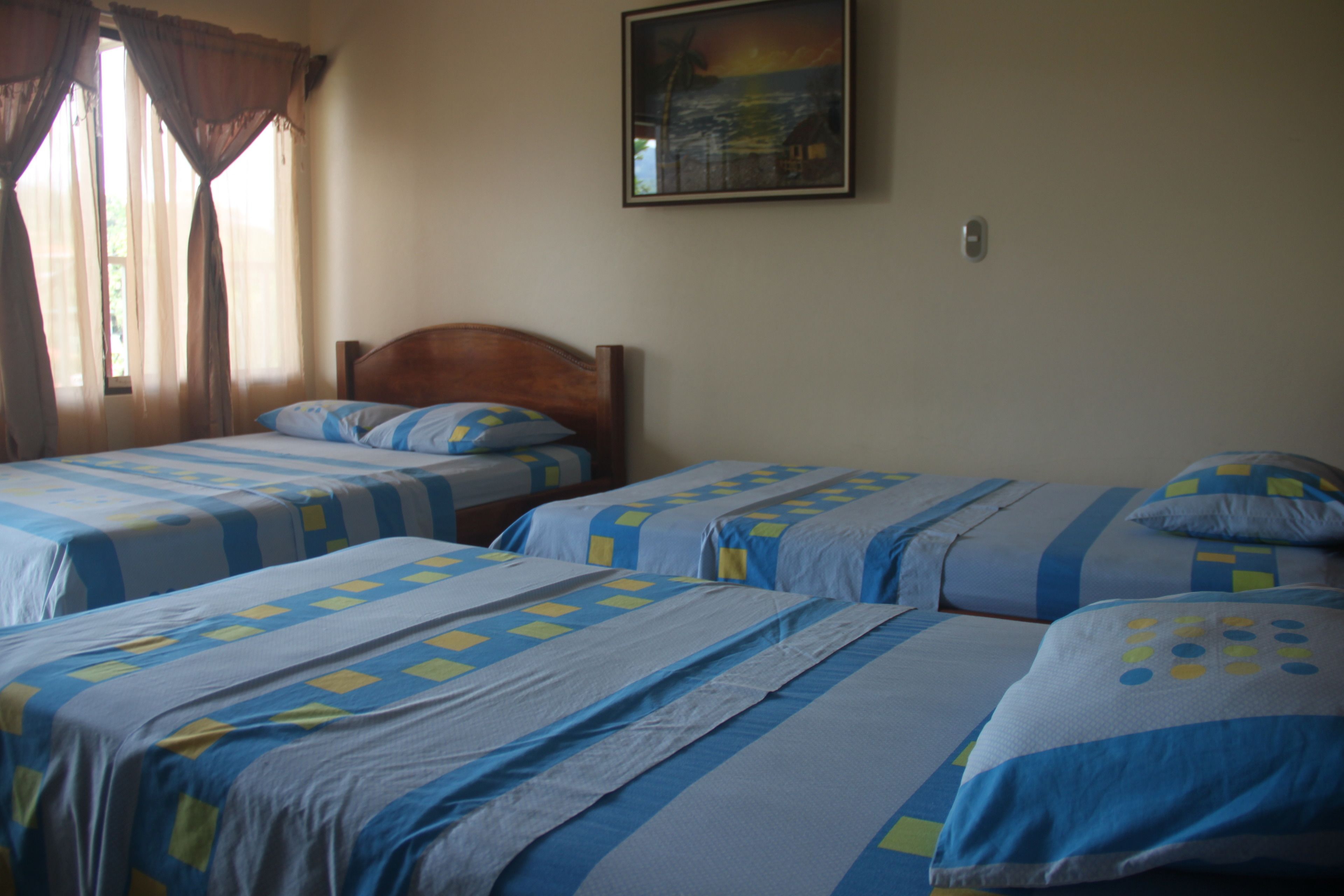 A room with two beds, each with blue and white bedding and a wooden headboard.