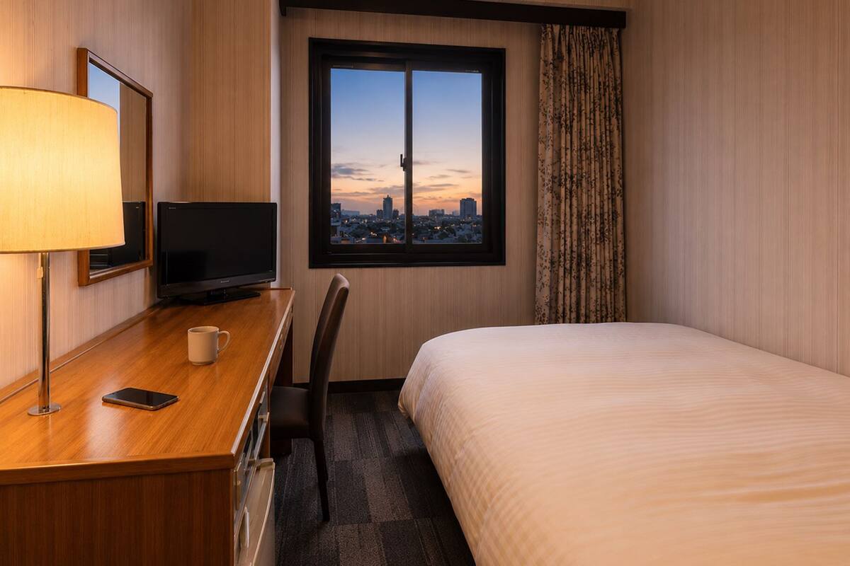 A hotel room with a bed, a desk with a lamp, a TV, a window with a city view, and a chair.