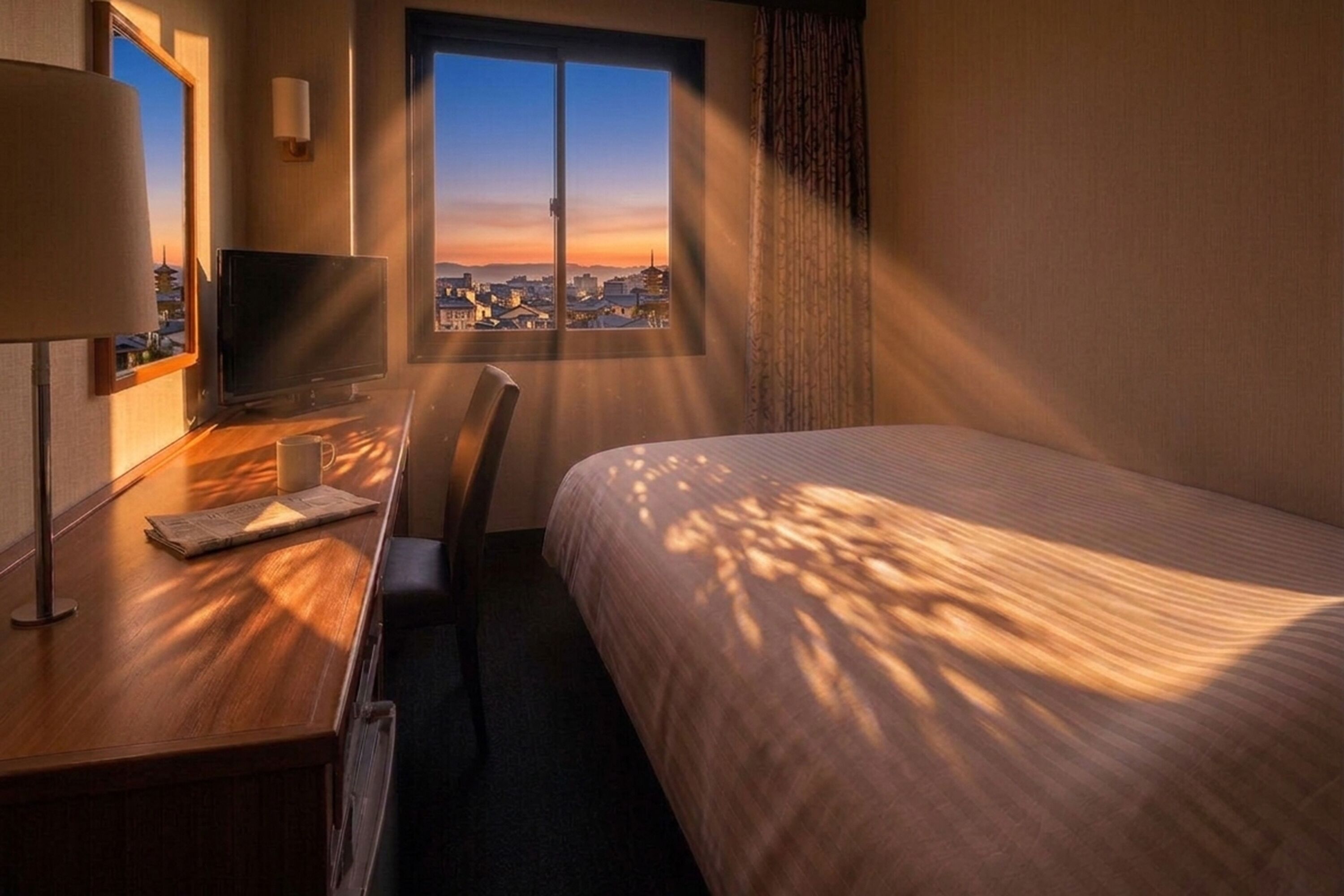 Habitación de hotel con cama, escritorio con lámpara, televisión y ventana con vista a la ciudad.
