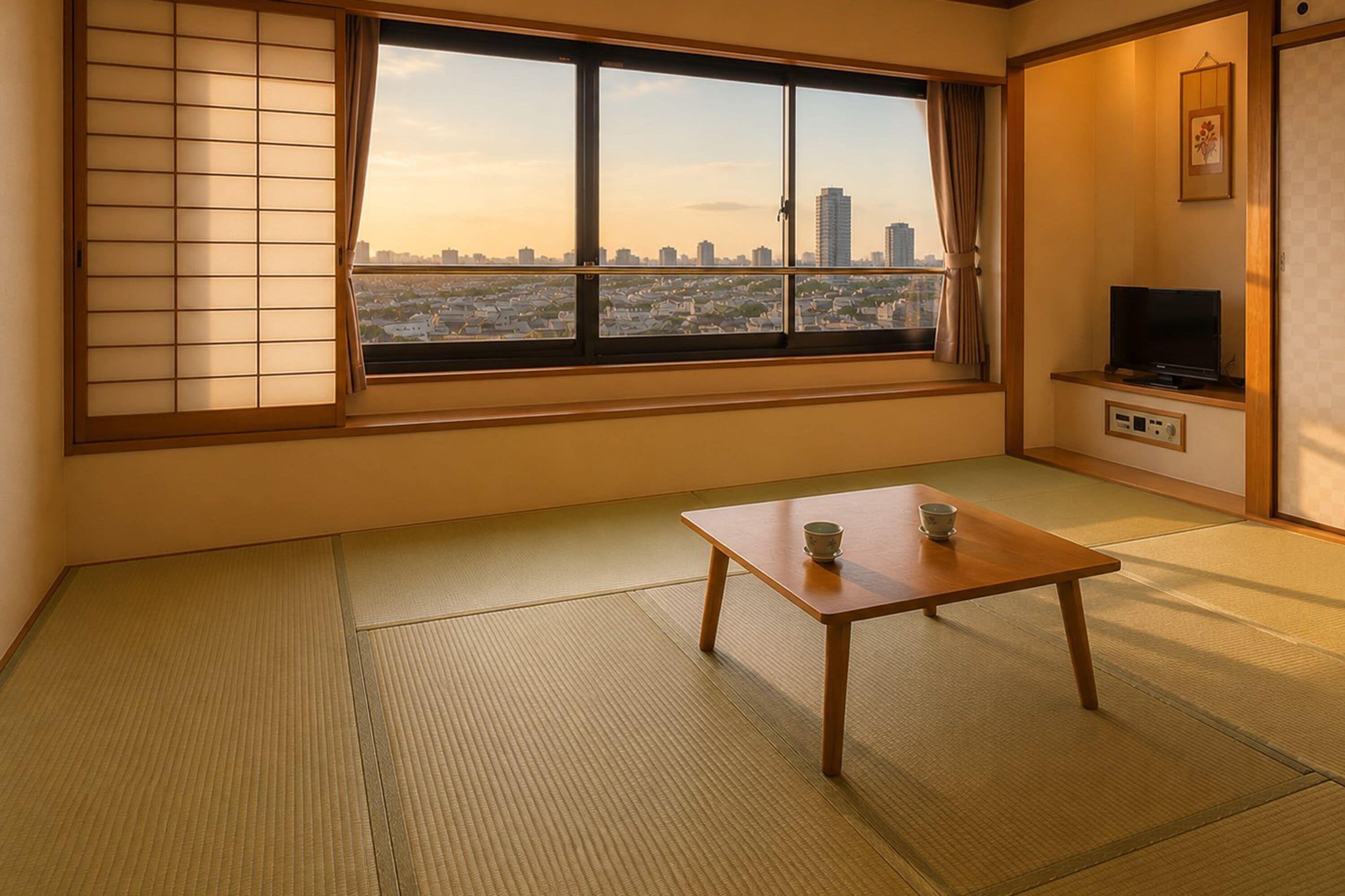 A room with tatami flooring, a sliding shoji screen, a television, and a table with two cups.