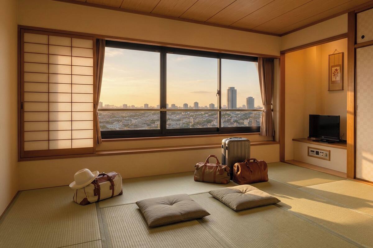 A room with tatami flooring, a large window with a city view, a television, and luggage.