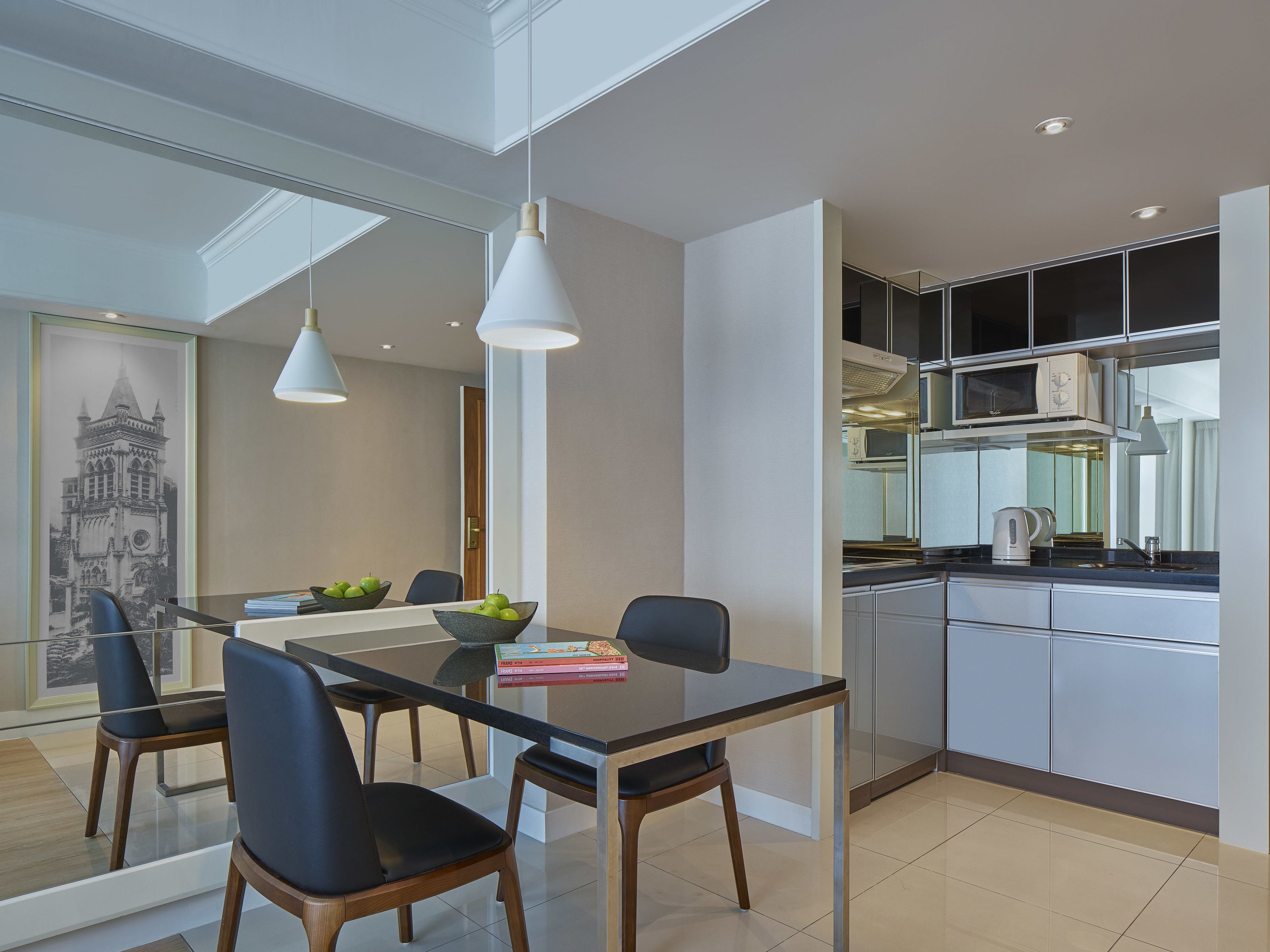 Mini-fridge, microwave, stovetop, coffee/tea maker