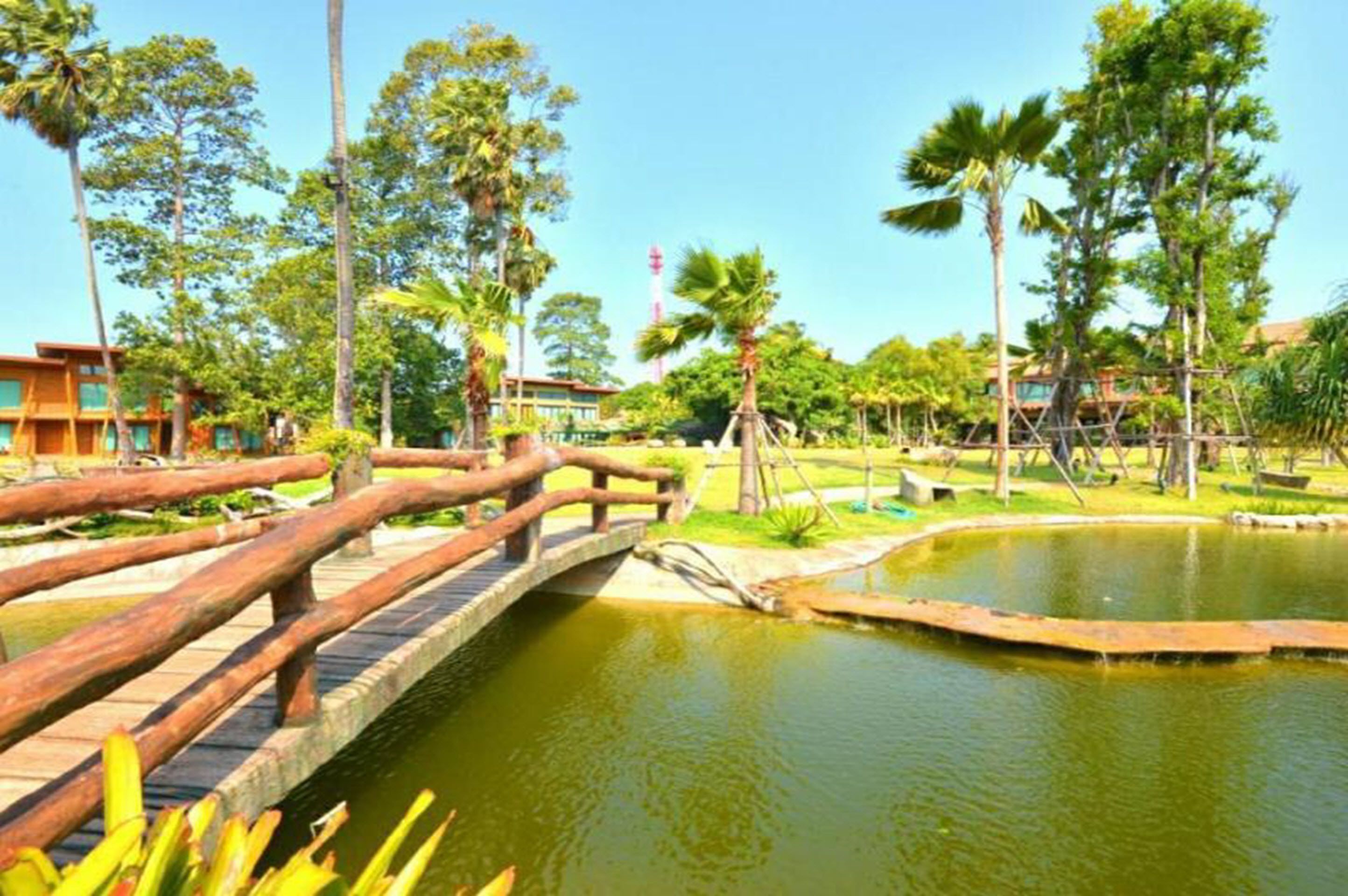 A wooden bridge over a pond with surrounding greenery and buildings in the background.