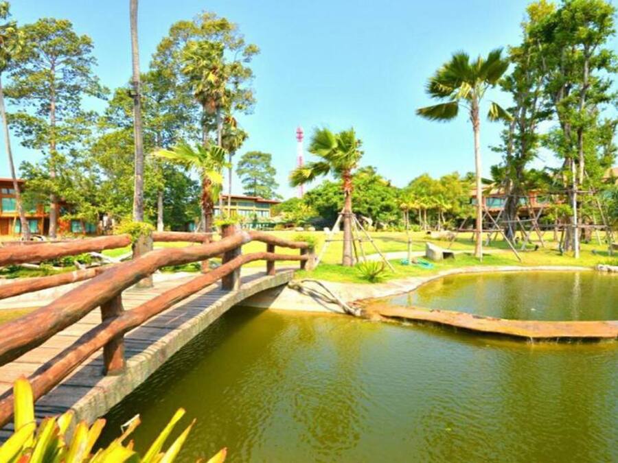 A wooden bridge over a pond with surrounding greenery and buildings in the background.