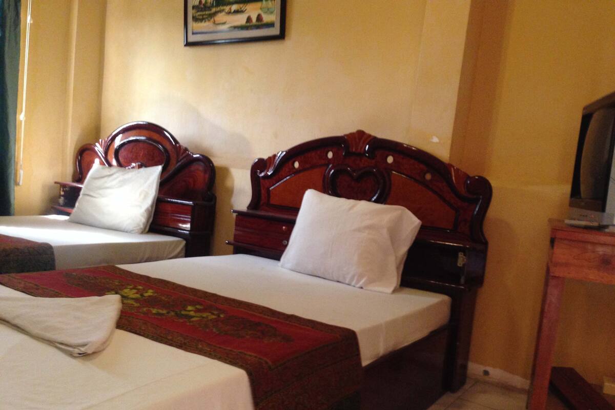A hotel room with two wooden beds, each with a white mattress and matching pillows. A television is on a wooden stand to the right.