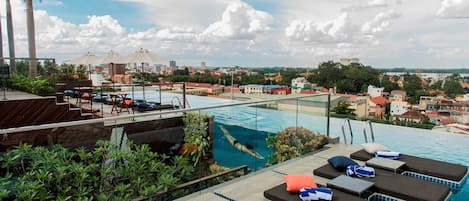 Outdoor pool, pool umbrellas, pool loungers