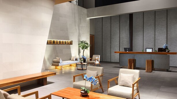A modern lobby with a reception desk, seating area, and a large plant.