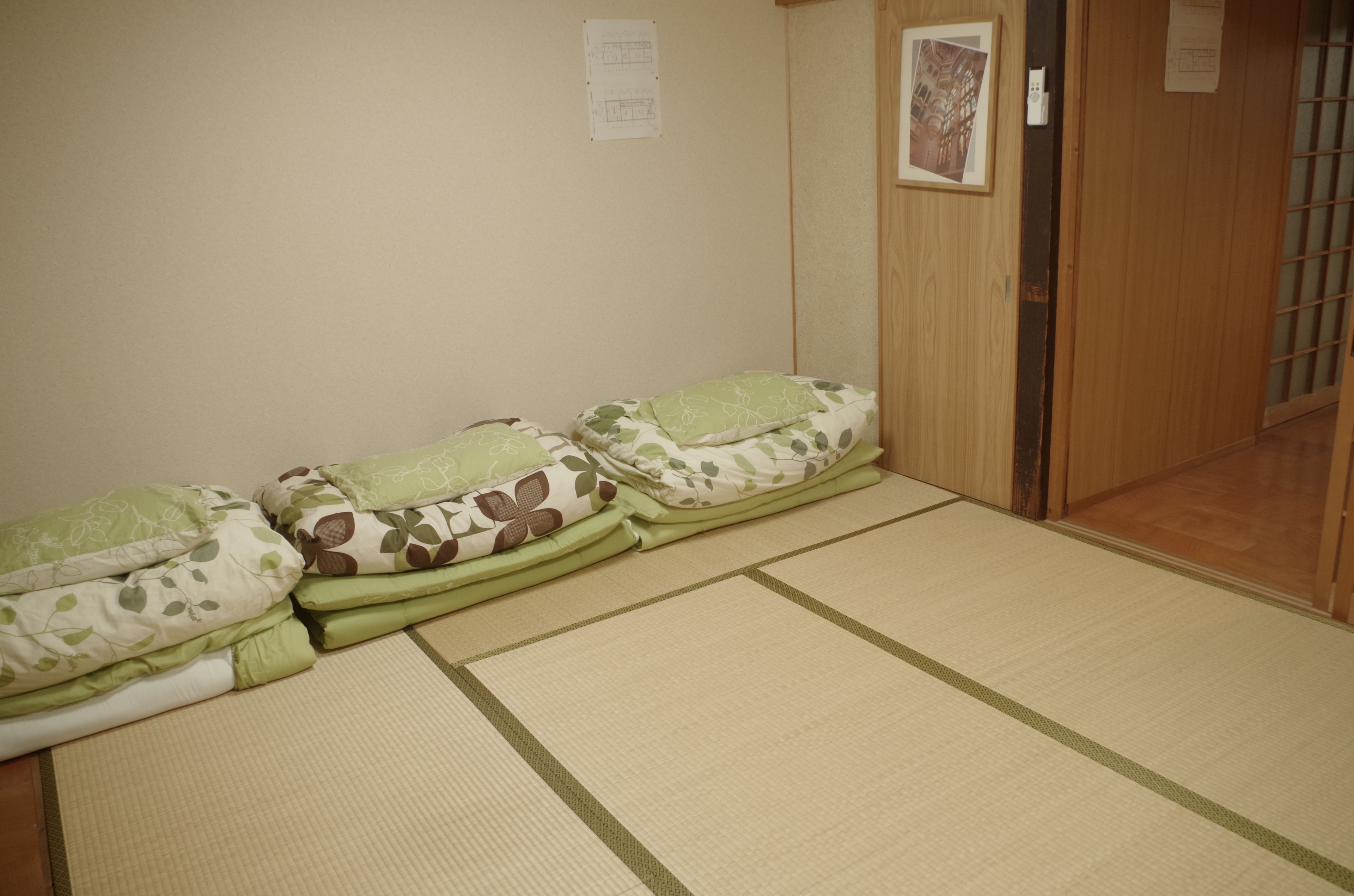 A room with tatami mats, a wooden door, and a wall with a framed picture.