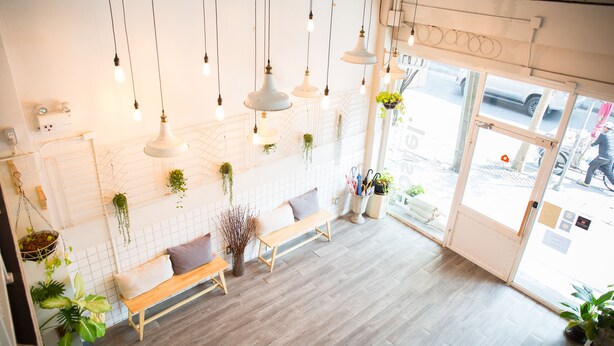 A modern interior with a wooden bench, hanging plants, and pendant lighting. - Movylodge Hostel (Bangkok)