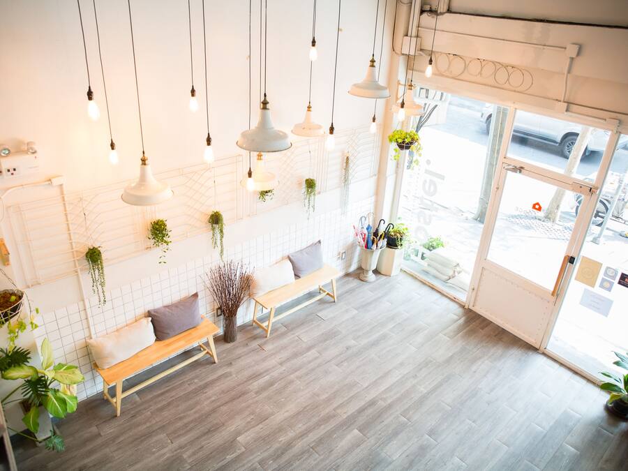 Un interior moderno con un banco de madera, plantas colgantes e iluminación colgante.