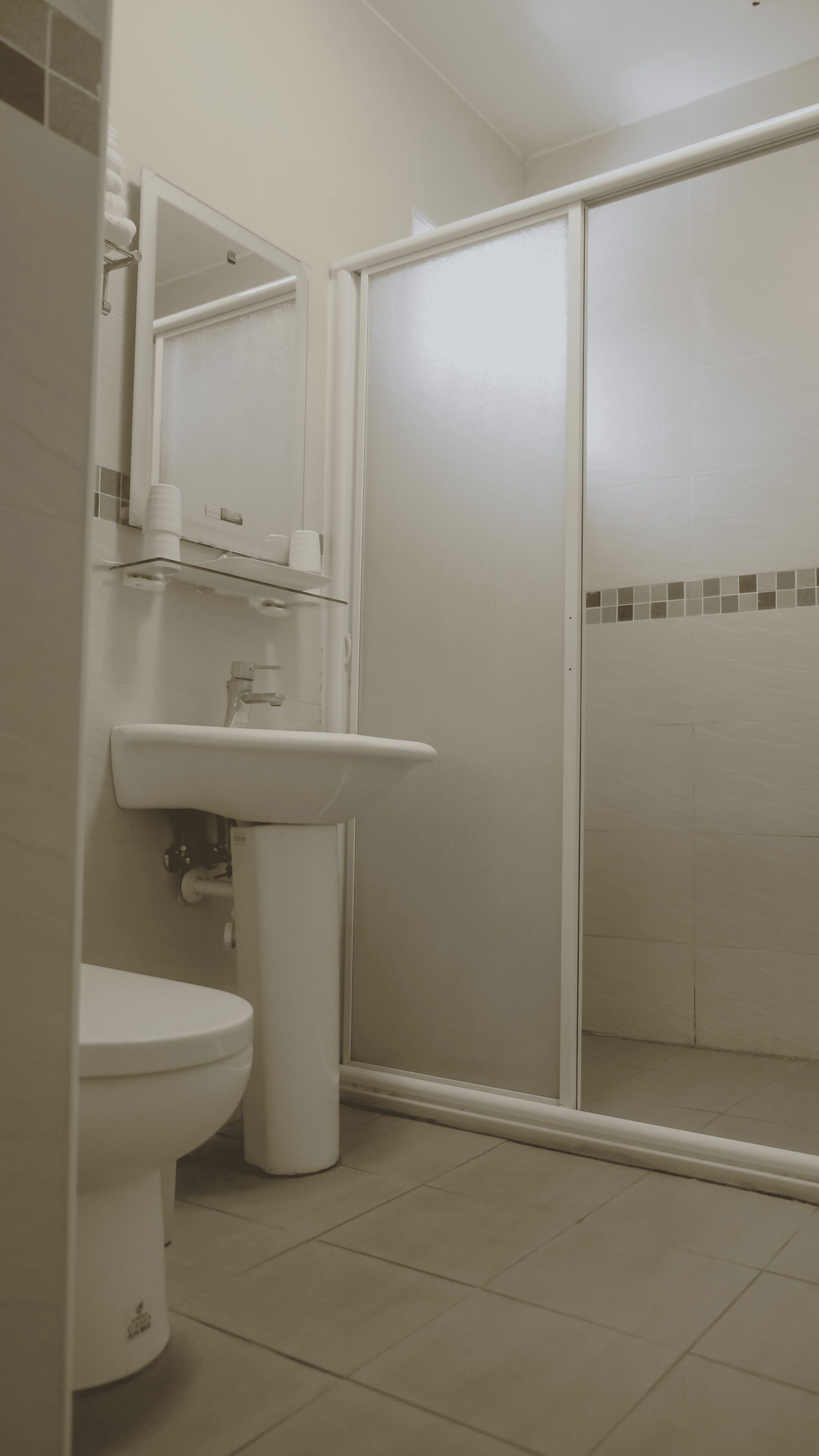 A bathroom with a toilet, sink, and a glass-enclosed shower area.
