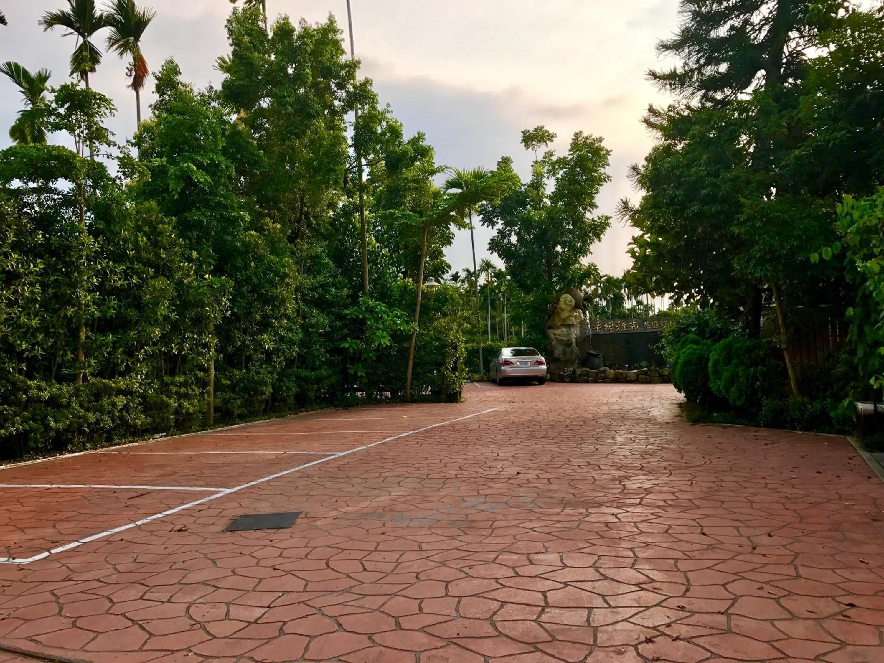 A paved pathway leading to a building entrance, surrounded by lush greenery and palm trees.