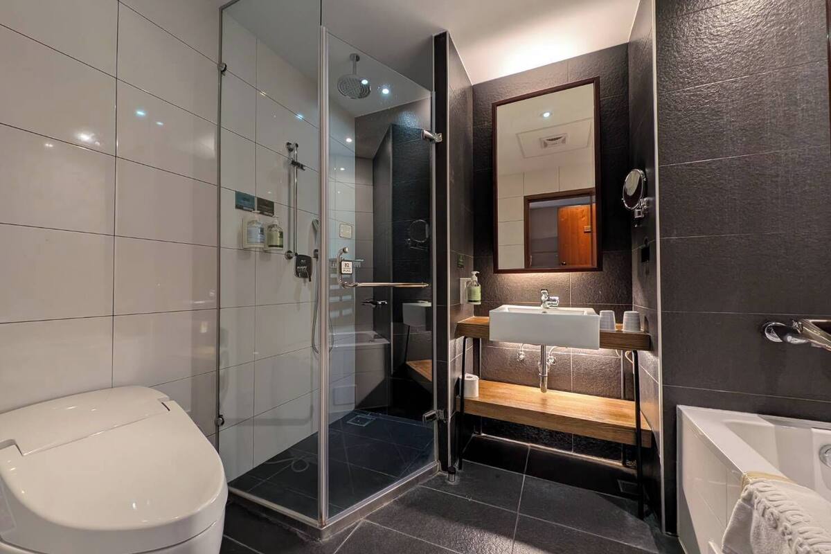 elite triple room, 3 single beds | bathroom | separate bathtub and shower, hair dryer, towels, shampoo