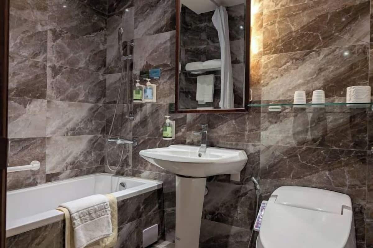 Banheiro | Banheira e chuveiro separados, secador de cabelo, toalhas de banho