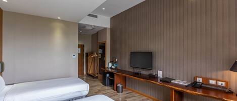 Habitación de hotel con dos camas, un escritorio, un televisor de pantalla plana, un cesto de basura y un perchero.