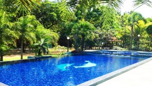 Una piscina rectangular con agua cristalina azul, rodeada de exuberante follaje y árboles.