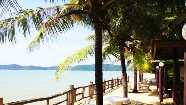 Vista de la playa con una cerca de madera, palmeras y un restaurante llamado "HILTON".