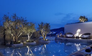 Seasonal outdoor pool, pool umbrellas, pool loungers