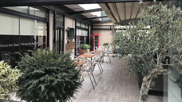 Um pátio moderno de hotel com área de estar ao ar livre, plantas em vasos e um refrigerador Coca-Cola.