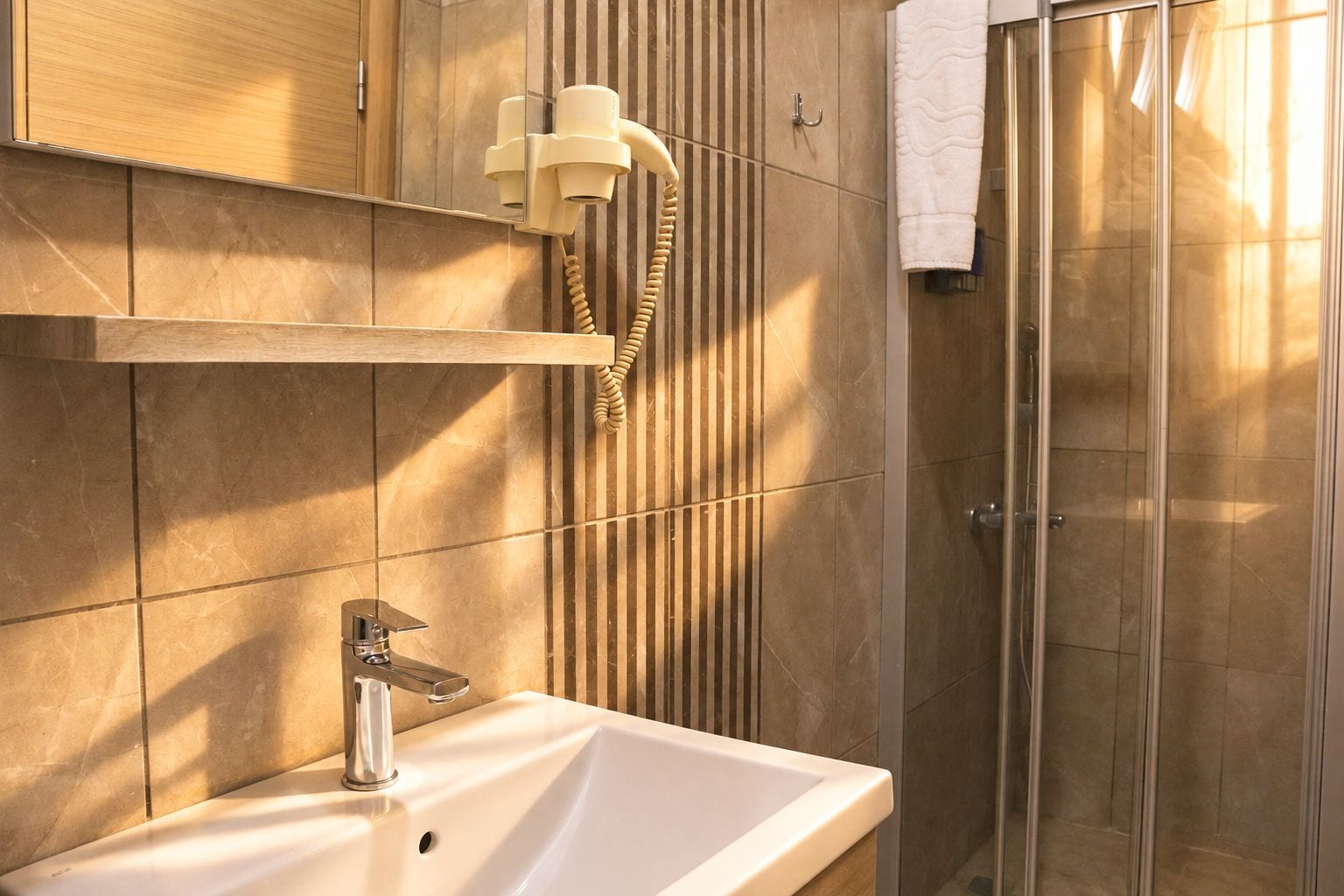 Un bagno con lavandino, portasci e box doccia.
