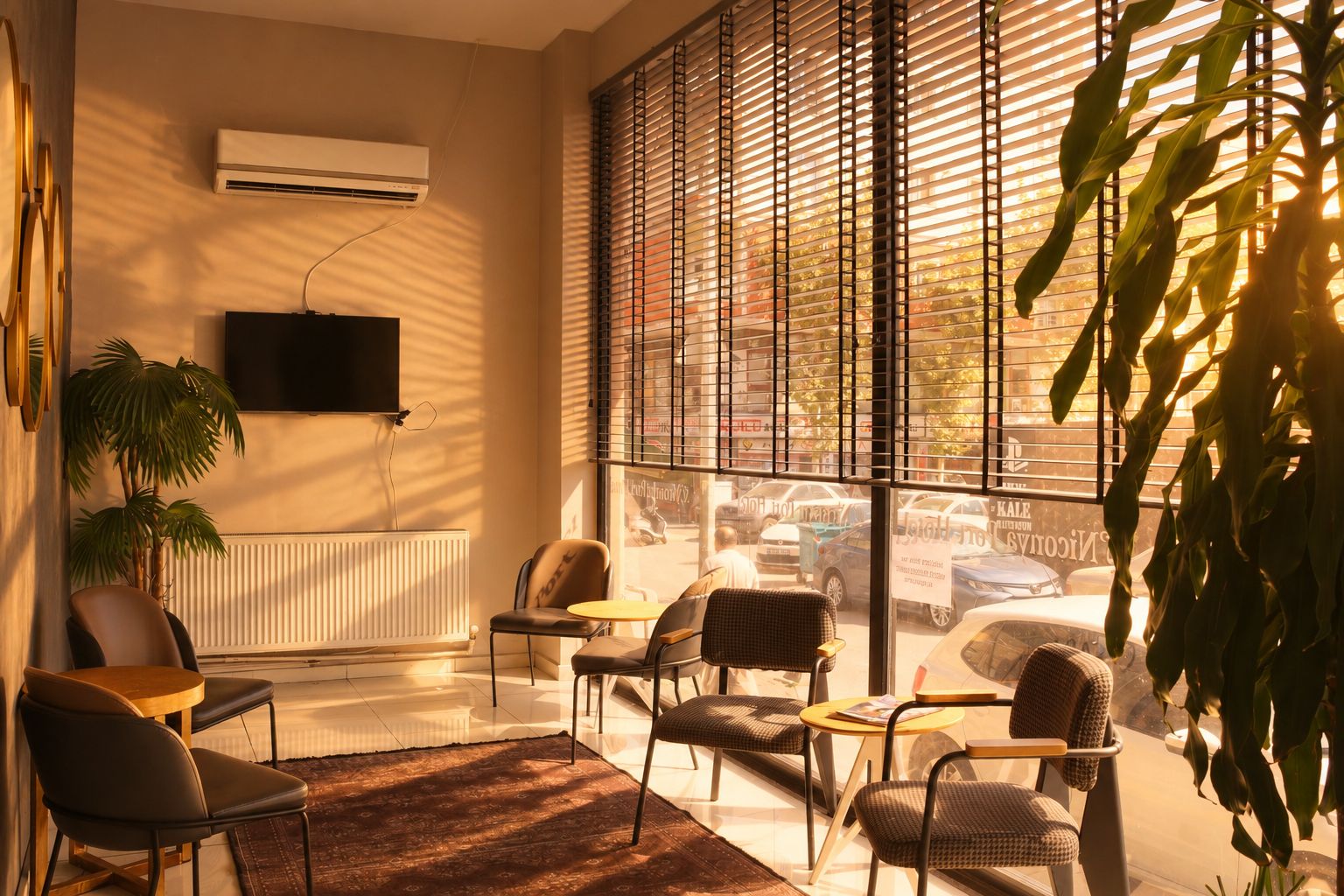 Un intérieur moderne avec un coin salon, un radiateur et un téléviseur fixé au mur.