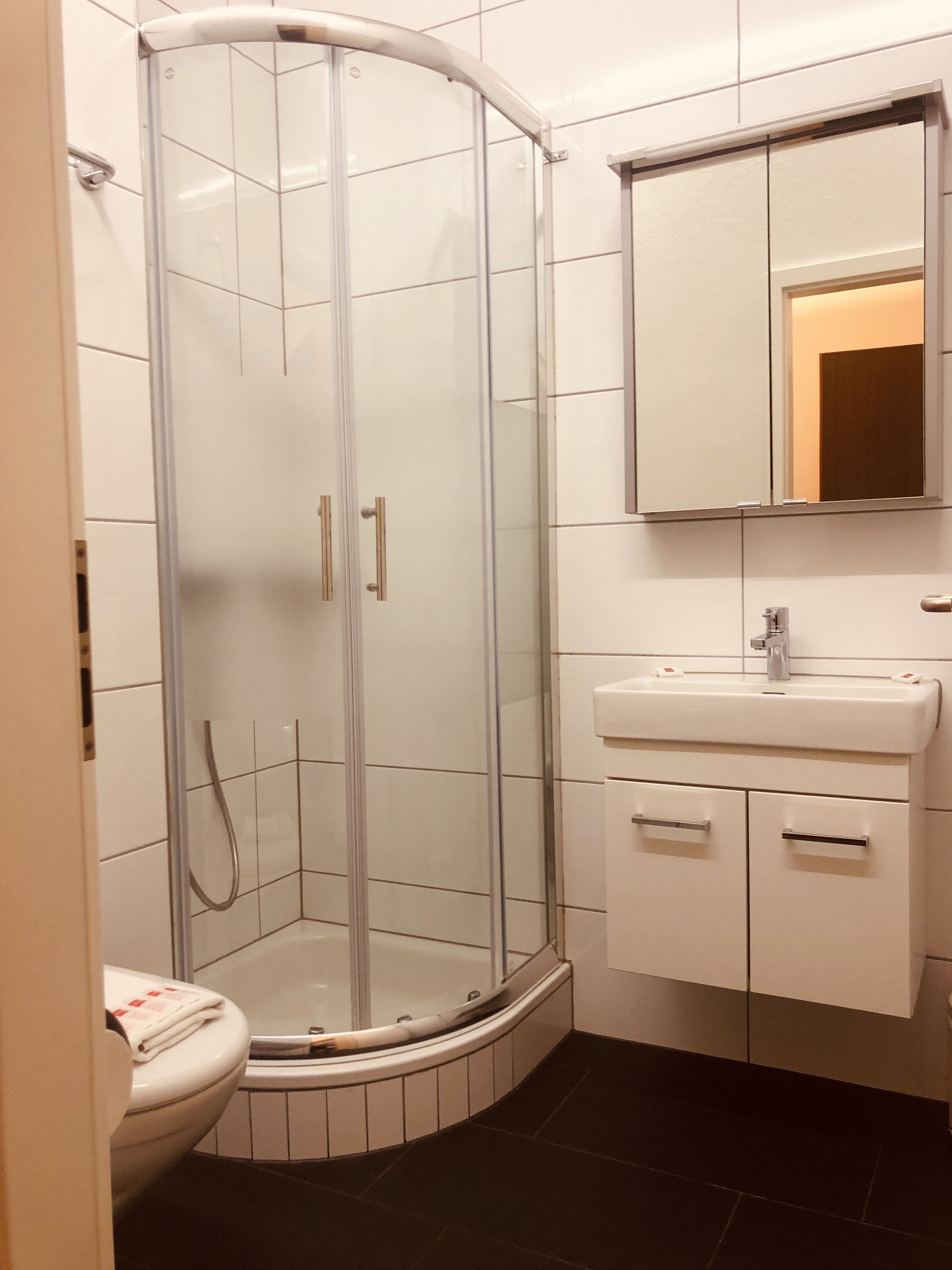 Shower, free toiletries, hair dryer, towels