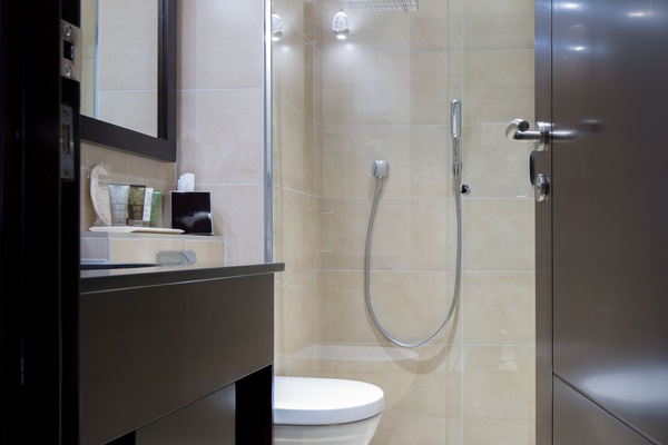 Shower, rainfall showerhead, free toiletries, hair dryer