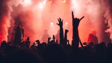 Un concierto con público y artistas en el escenario.