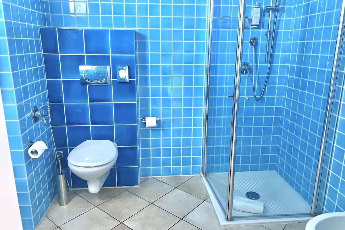 Un bagno con piastrelle blu, un water, una doccia con porta in vetro e un bidet.