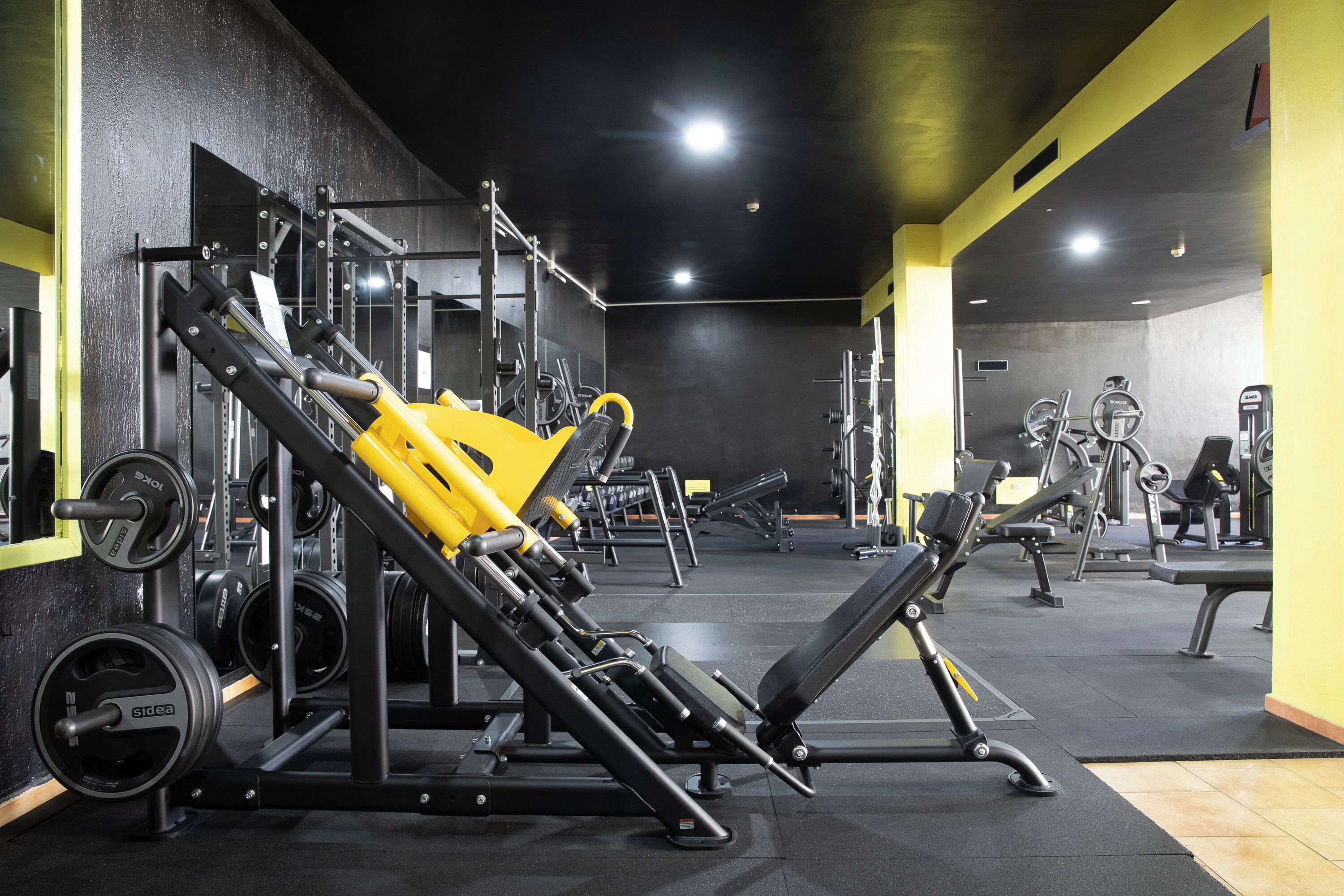 A gym with various exercise equipment, including weight machines and free weights.