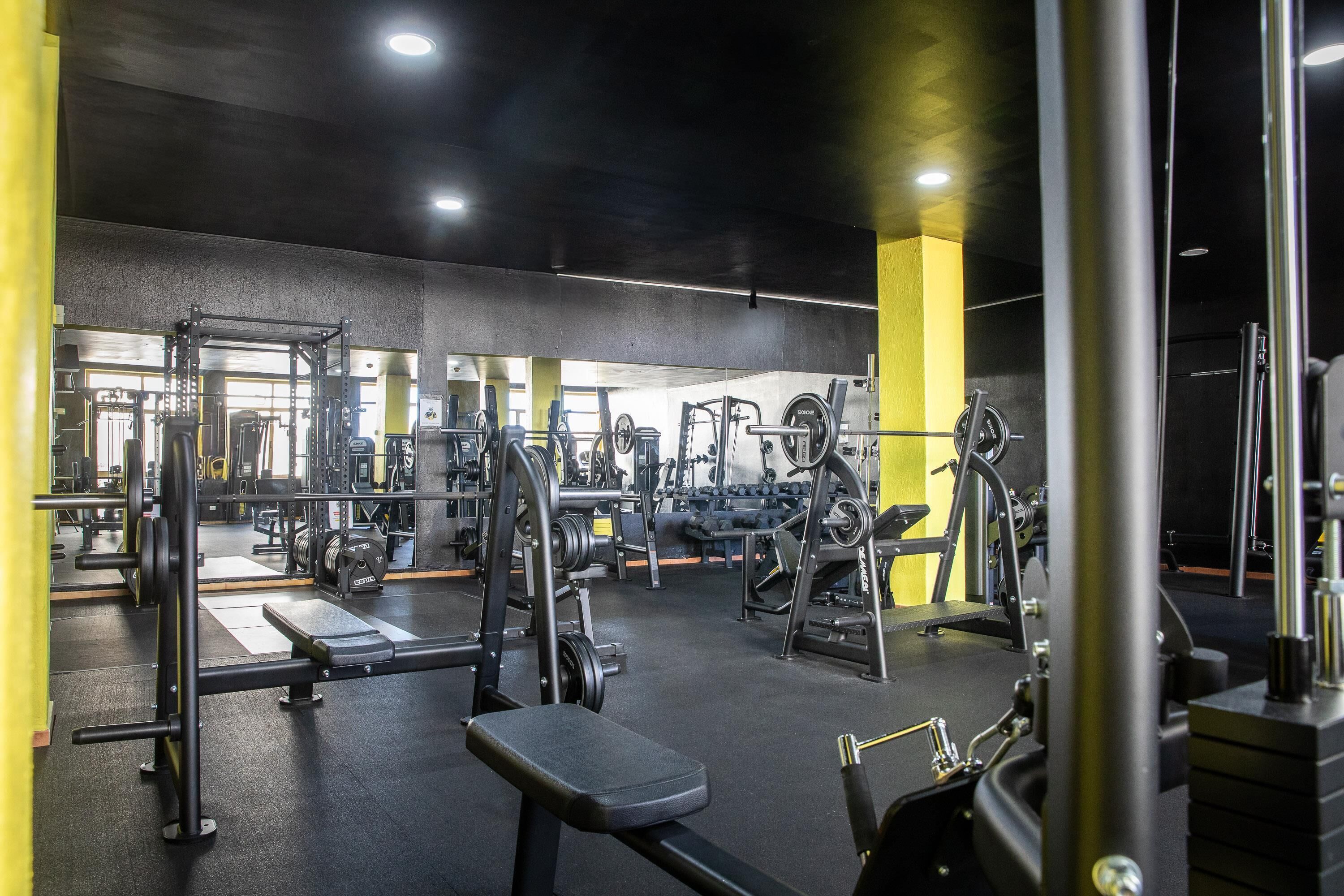 A gym with various exercise equipment, mirrors, and a bench.