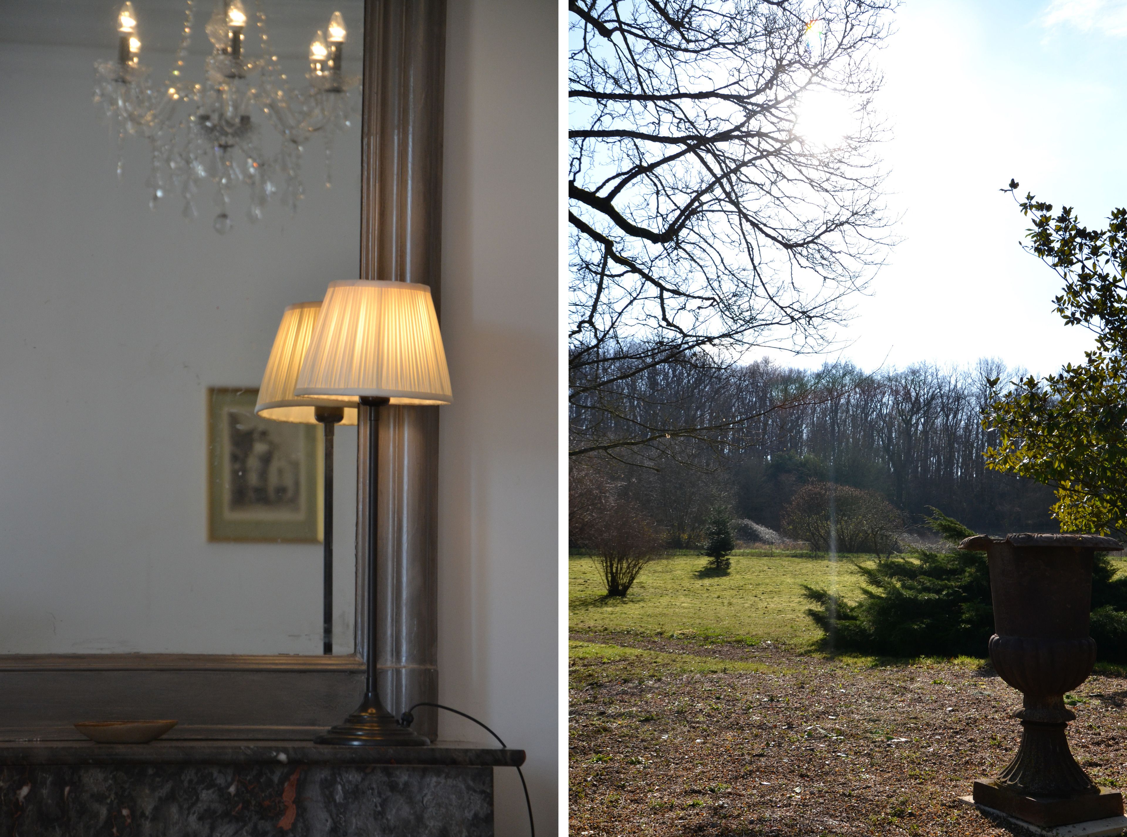 A chandelier and a lamp in an indoor setting, and a garden with a tree and a stone urn in an outdoor setting.