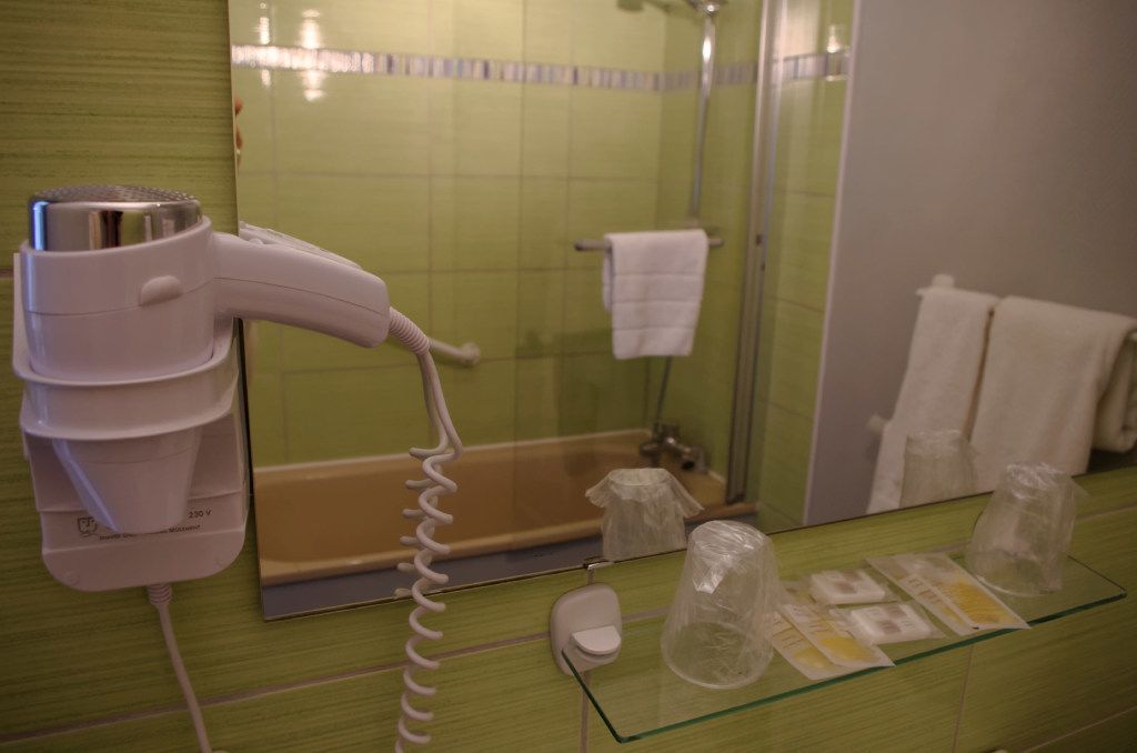 free toiletries, hair dryer, bidet, towels