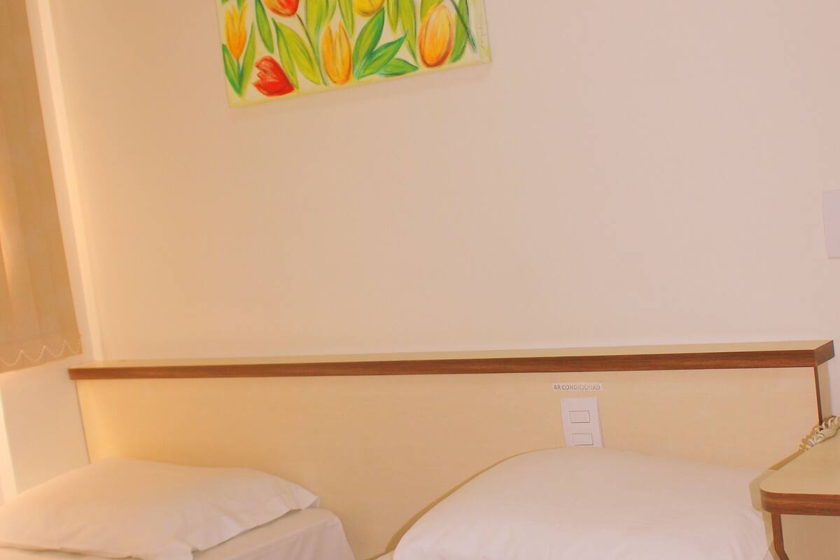 A hotel room with two single beds, each with white linens and pillows. There is a painting of tulips on the wall above the beds.