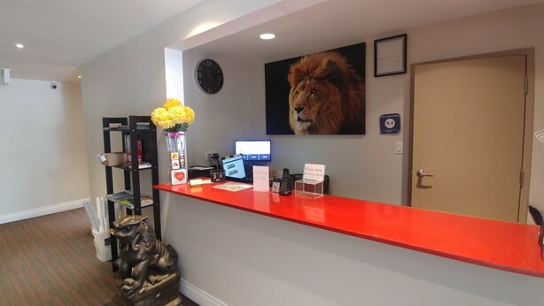 Un área de recepción de hotel con un mostrador rojo, una estatua de león, un reloj y un cuadro de leones en la pared.