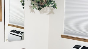 Une pièce avec une table ronde en bois, un miroir, une plante suspendue et une fenêtre avec des stores.