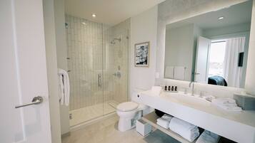 A modern bathroom with a glass-enclosed shower, a white toilet, and a large mirror above a white sink with a towel rack.