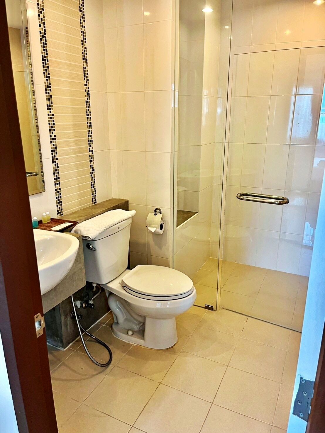 A modern bathroom with a toilet, sink, and glass shower enclosure.