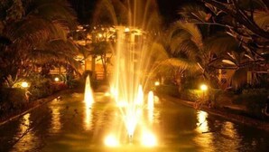 ’s Nachts zicht op een fontein met waterstralen, omringd door palmbomen en verlicht met sfeerverlichting.
