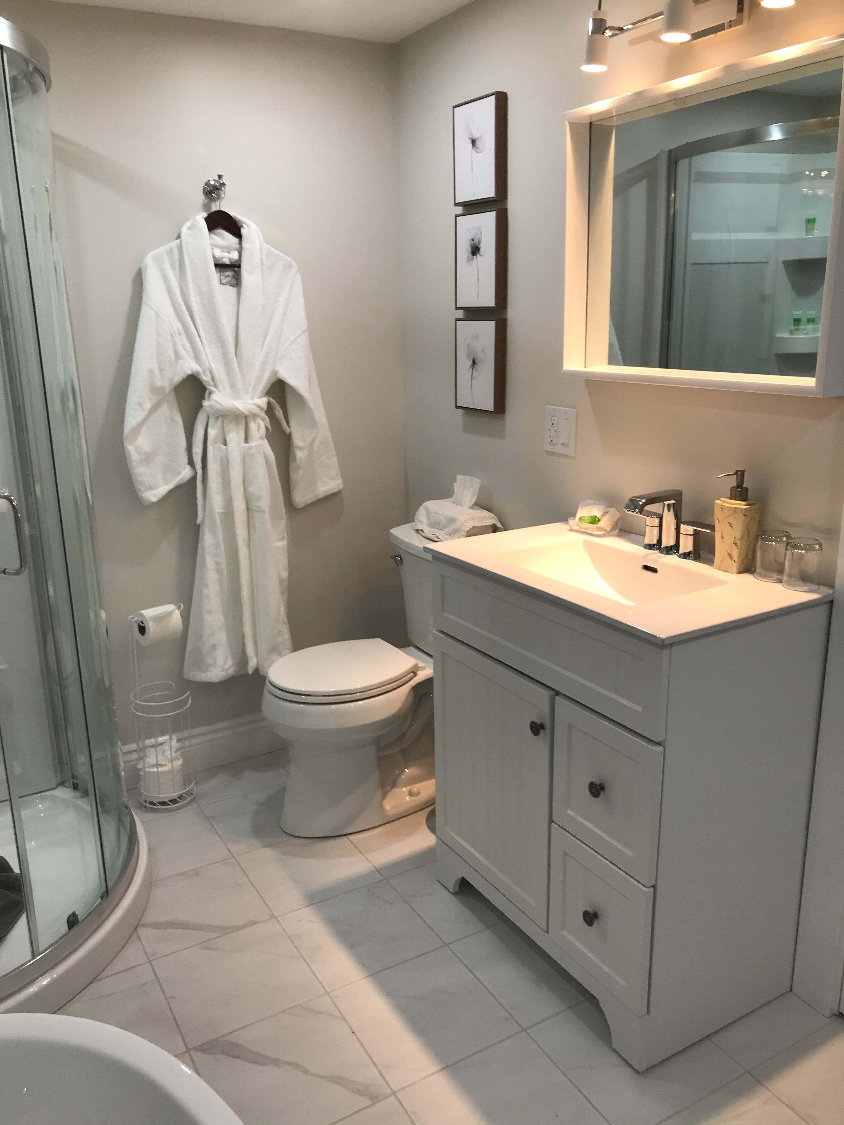 A modern bathroom with a glass shower enclosure, a white toilet, a vanity with a mirror, and a robe hanging on the wall.