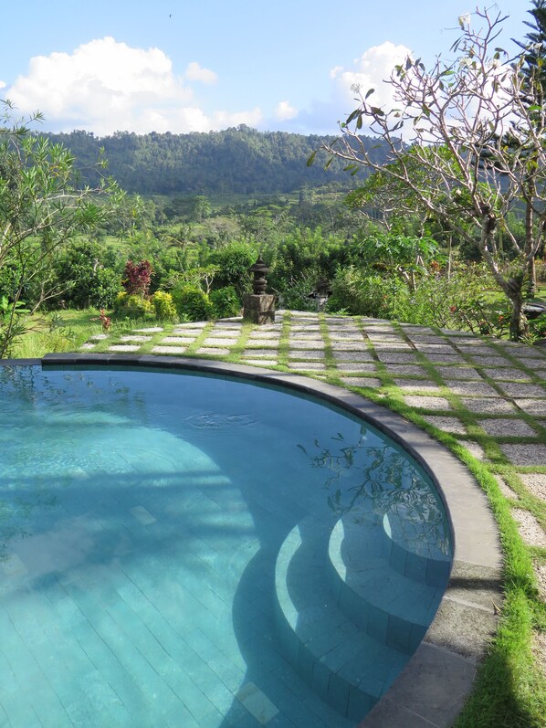 Outdoor pool, an infinity pool, open open 24 hours, sun loungers