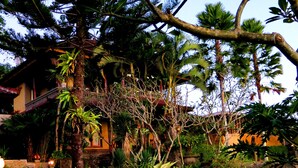 A lush garden with a variety of plants and a traditional stone lantern. - Villa Lihat Sawah (Sidemen)