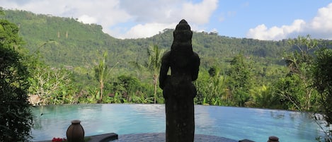 Outdoor pool, an infinity pool, open open 24 hours a day, pool loungers